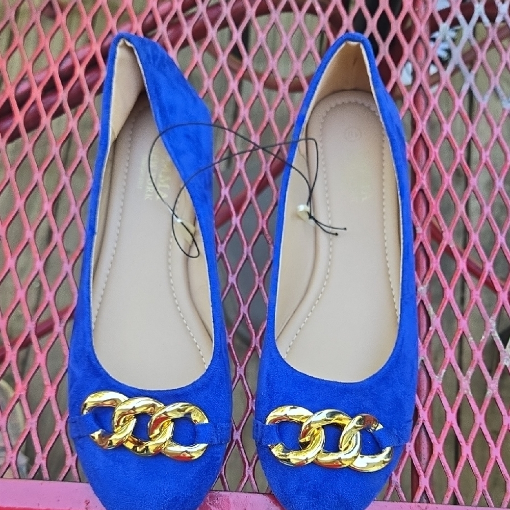 Blue Suede Flats with Gold Accent